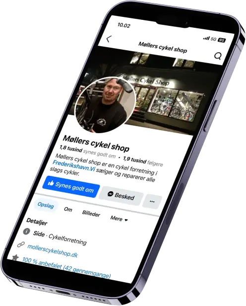 Møllers Cykel Shops side på Facebook, vist på en telefon